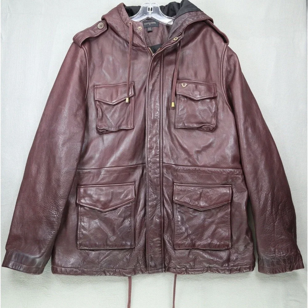 True Religion‎ Mens Leather Parka Military Coat Bomber Jacket Size XL Purple